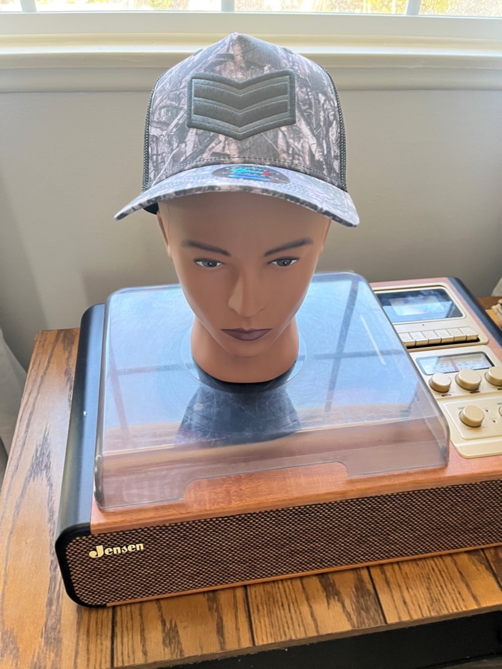 Camo Trucker Hat with Raised Chevron Patch - Gray Camo